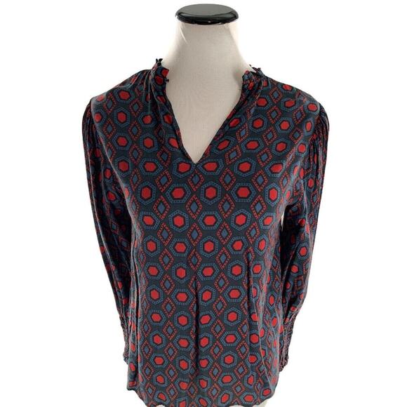 Zara Womens Multicolor Geometric Ruffle V Neck Balloon Sleeve Blouse Top Small - Picture 1 of 7